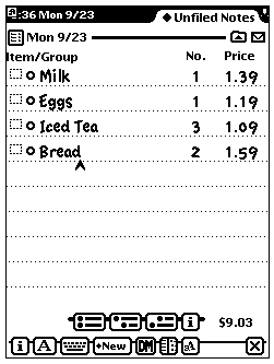 shopping list with prices
